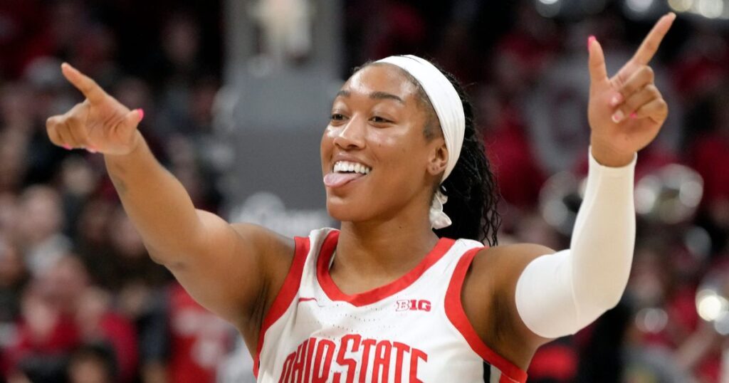 Ohio State forward Cotie McMahon celebrates a win over Maryland during the 2023-24 season. (Barbara J. Perenic/Columbus Dispatch / USA TODAY NETWORK)