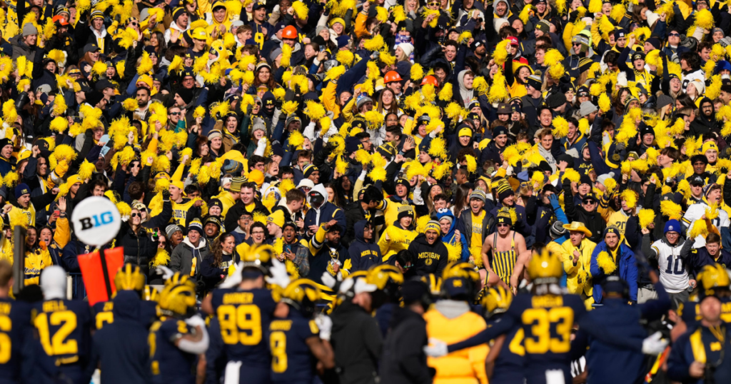 Nov 25, 2023; Ann Arbor, Michigan, USA; Michigan Wolverines fans cheer during the NCAA football game against the Ohio State Buckeyes at Michigan Stadium. Ohio State lost 30-24. (Adam Cairns/Columbus Dispatch / USA TODAY NETWORK)