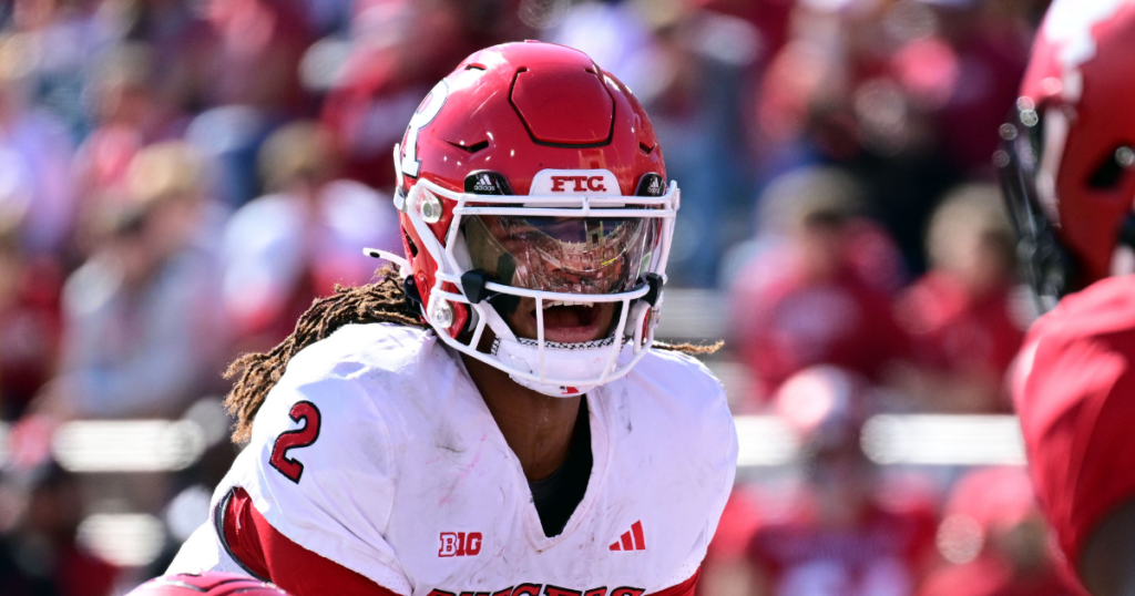 Oct 21, 2023; Bloomington, Indiana, USA; Indiana Hoosiers Memorial Stadium reflects in the visor of Rutgers Scarlet Knights quarterback Gavin Wimsatt (2) before the snap during the second half at Memorial Stadium. (Marc Lebryk-USA TODAY Sports)