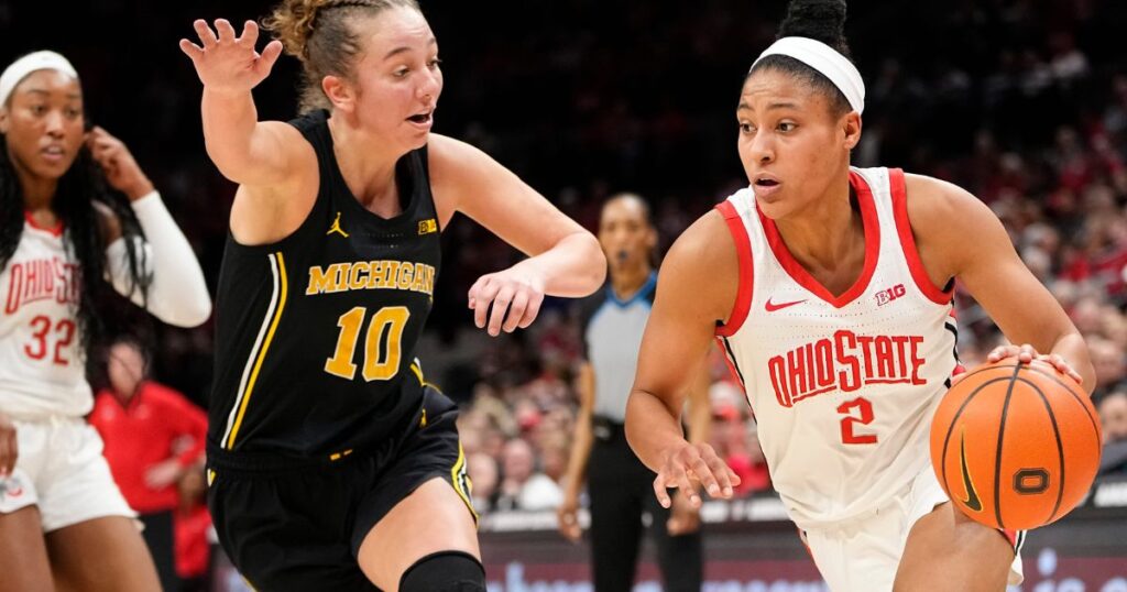 Ohio State forward Taylor Thierry drives to the basket against Michigan during the 2023-24 season. (Adam Cairns/Columbus Dispatch / USA TODAY NETWORK)