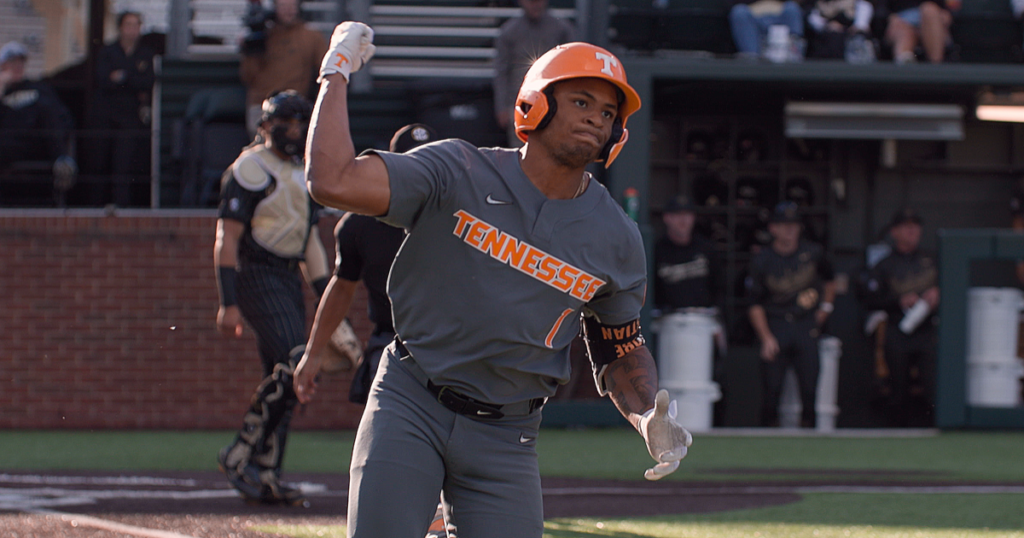 Christian Moore celebrates a leadoff homer against Vanderbilt. Credit: Caleb Griffin (UT Athletics)