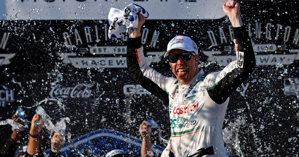 Austin Cindric and Trackhouse Racing give Brad Keselowski celebratory beer after Darlington win