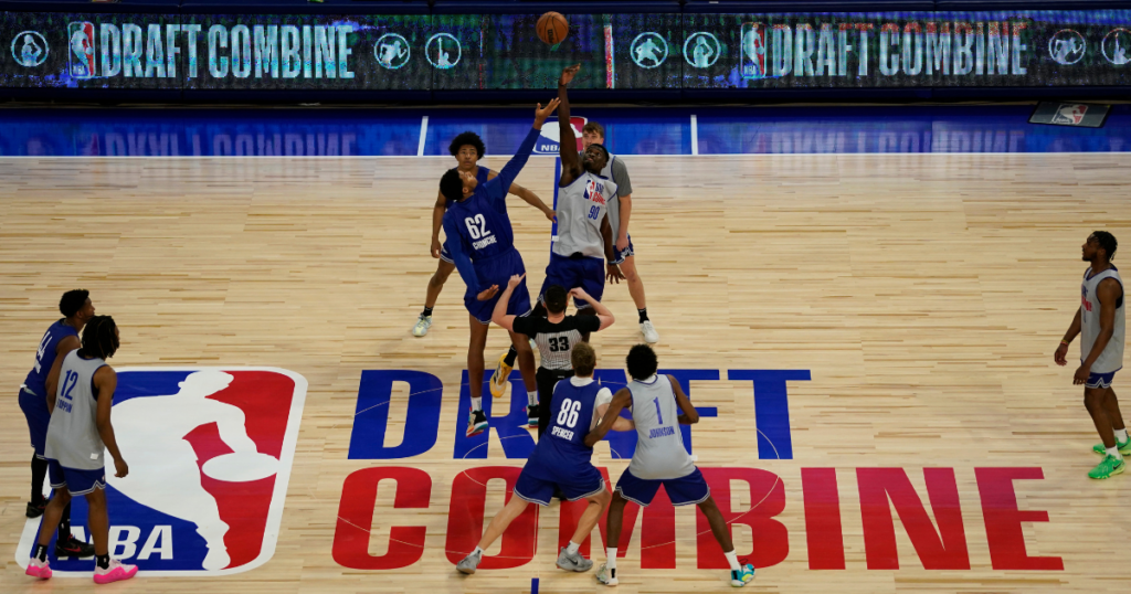 Adam Bona (90) and Urich Chomche (62) go for a jump ball during the 2024 NBA Draft Combine at Wintrust Arena.