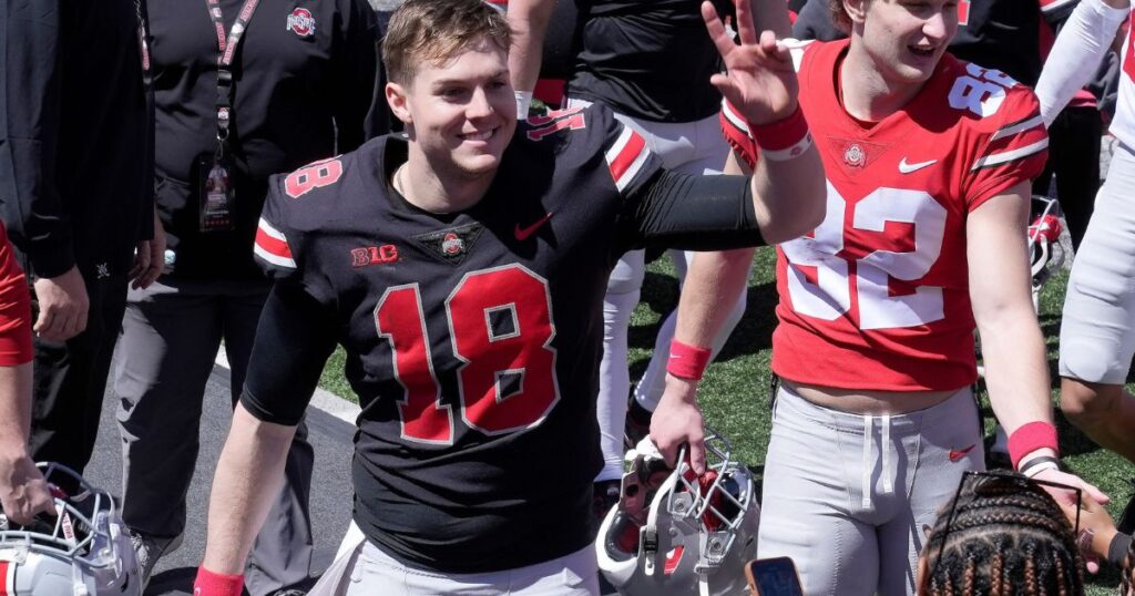 Ohio State quarterback Will Howard interacts with fans after the 2024 spring game. (Barbara J. Perenic/Columbus Dispatch / USA TODAY NETWORK)