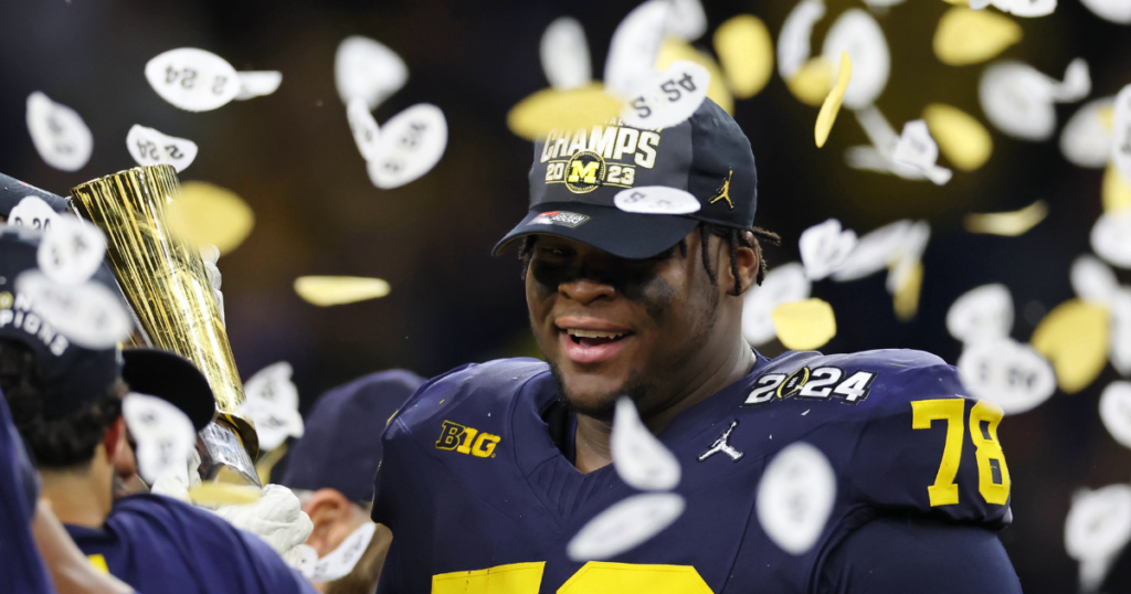 Michigan Wolverines football defensive tackle Kenneth Grant had the team's lone sack in the national championship game. (Photo by Thomas Shea-USA TODAY Sports)