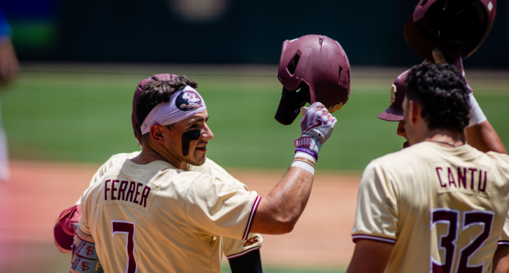 Florida State Seminoles outfielder Jaime Ferrer (7) celebrates a 2 run homer in the fourth inning against the Duke Blue Devils during the ACC Baseball Tournament at Truist Field. (Scott Kinser-USA TODAY Sports)