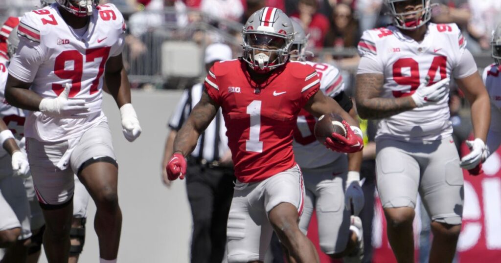 Ohio State running back Quinshon Judkins carries the ball during the 2024 spring game. (Barbara J. Perenic/Columbus Disp / USA TODAY NETWORK)