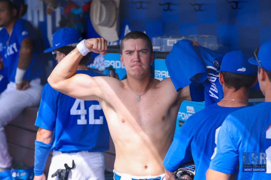 Kentucky Baseball player flexes in the dugout ahead of the first NCAA Tournament game - Mont Dawson, Kentucky Sports Radio