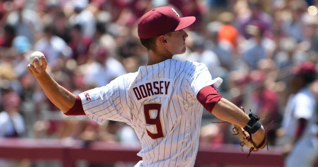 Florida State junior Carson Dorsey delivers a pitch Friday against Stetson in the NCAA Tallahassee Regional. (Ben Spicer/Warchant)