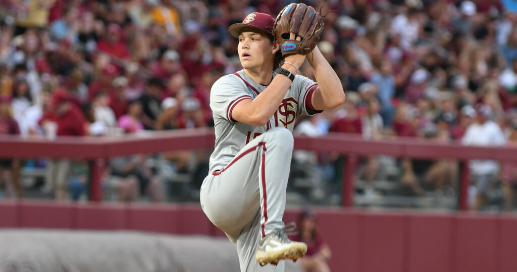 Florida State ace Jamie Arnold struck out 12 in a 5-2 win over UCF on Saturday. (Ben Spicer/Warchant)