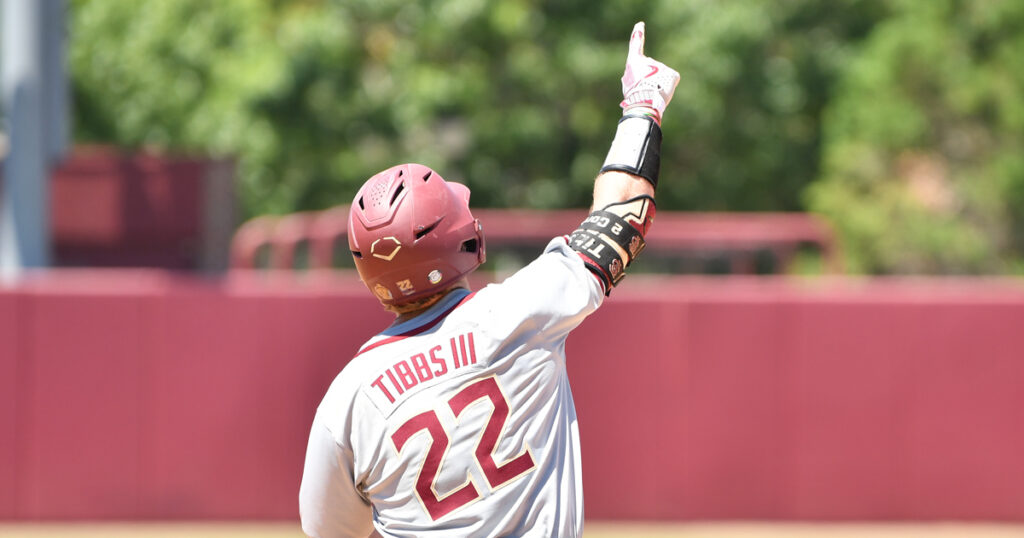 Florida State's James Tibbs celebrates one of his three home runs Saturday in winning the Tallahassee Super Regional. (Ben Spicer/Warchant)