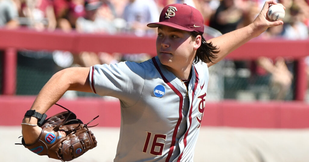 Florida State ace Jamie Arnold threw a season-high 121 pitches last week in the Super Regional. (Ben Spicer/Warchant)