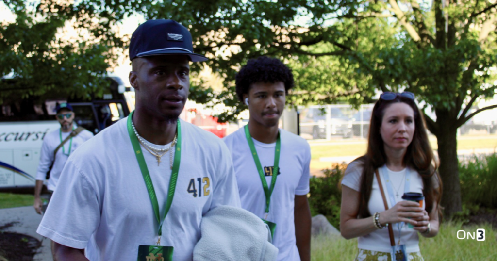 2025 safety Ivan Taylor (center) arrived at Notre Dame for his official visit on Friday, June 7, 2024. (Kyle Kelly/Blue & Gold)