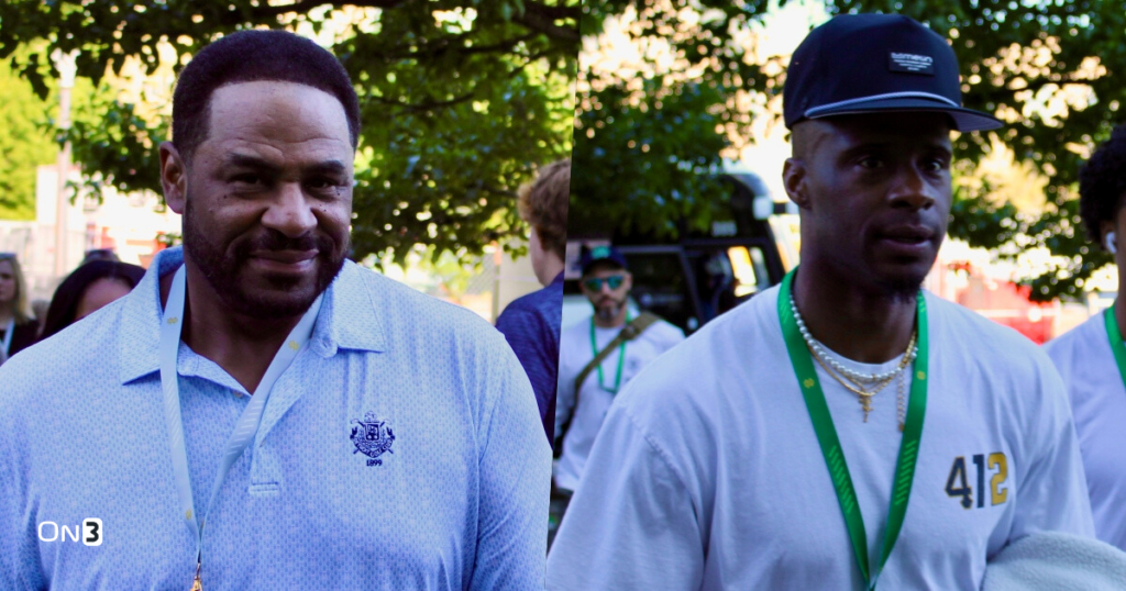 Former Notre Dame and Steelers RB Jerome Bettis (left) and Steelers DB Ike Taylor (right) visited Notre Dame with their sons on Friday, June 14, 2024. (Kyle Kelly/Blue & Gold)