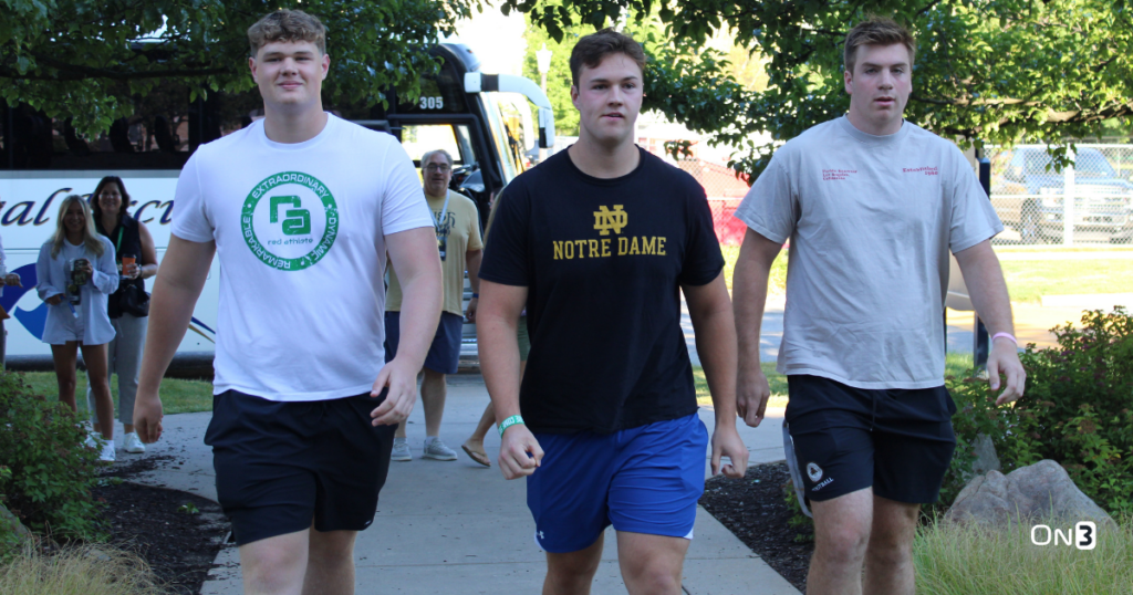 2025 OL Owen Strebig (left), Will Black (center) and Matty Augustine (right) arrive at Notre Dame on Friday, June 14, 2024, for their official visits. (Kyle Kelly/Blue & Gold)