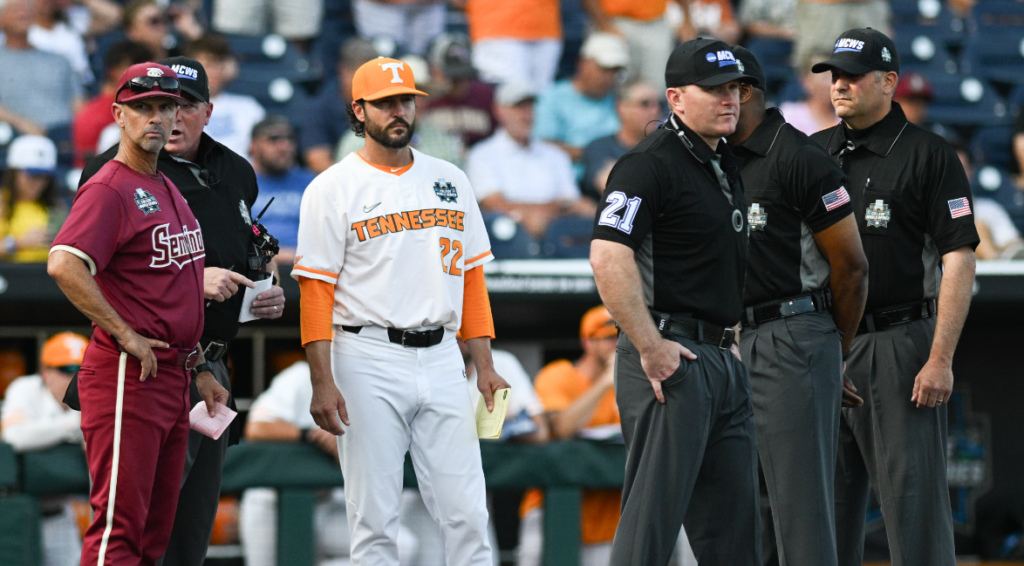 Tennessee Volunteers head coach Tony Vitello and Florida State Seminoles head coach Link Jarrett meet before the game at Charles Schwab Filed Omaha. (Steven Branscombe-USA TODAY Sports)