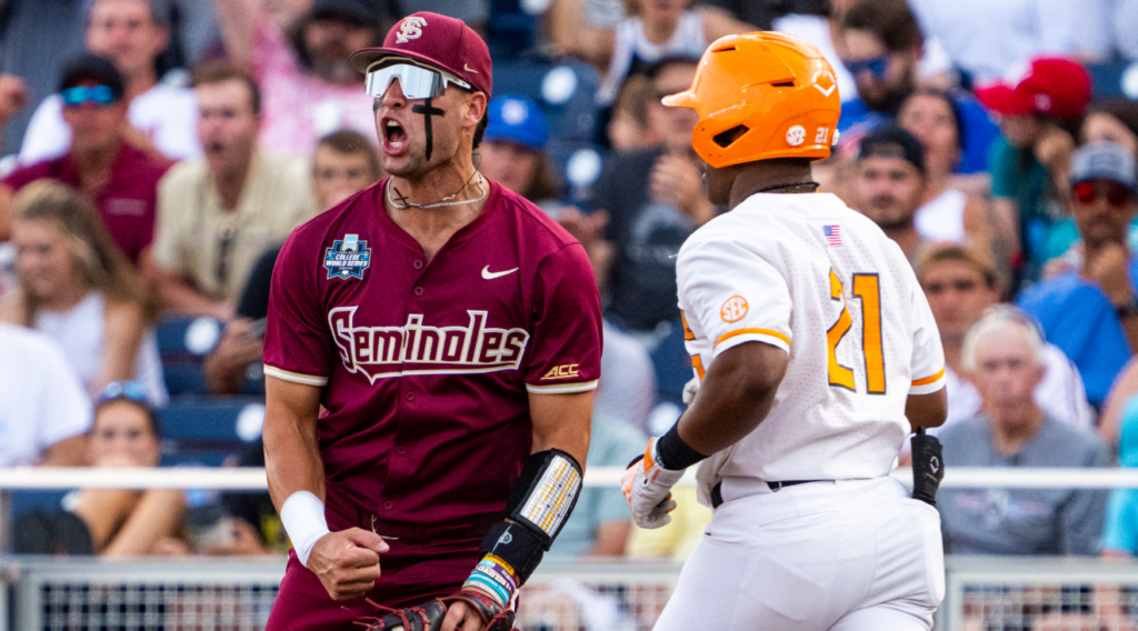 Florida State Seminoles first baseman Daniel Cantu (32) celebrates after getting an out on a double play against the Tennessee Volunteers to end the third inning at Charles Schwab Filed Omaha. (Dylan Widger-USA TODAY Sports)