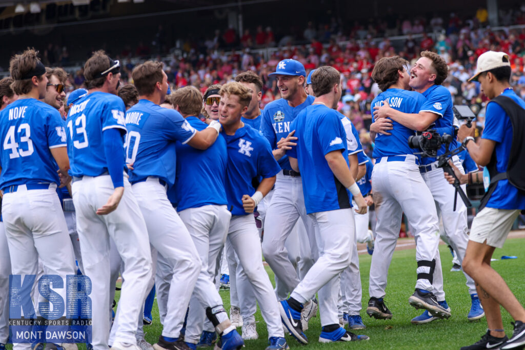 Kentucky Wildcats celebrate Mitchell Daly's walk-off home run vs. NC State in the College World Series - Mont Dawson, Kentucky Sports Radio