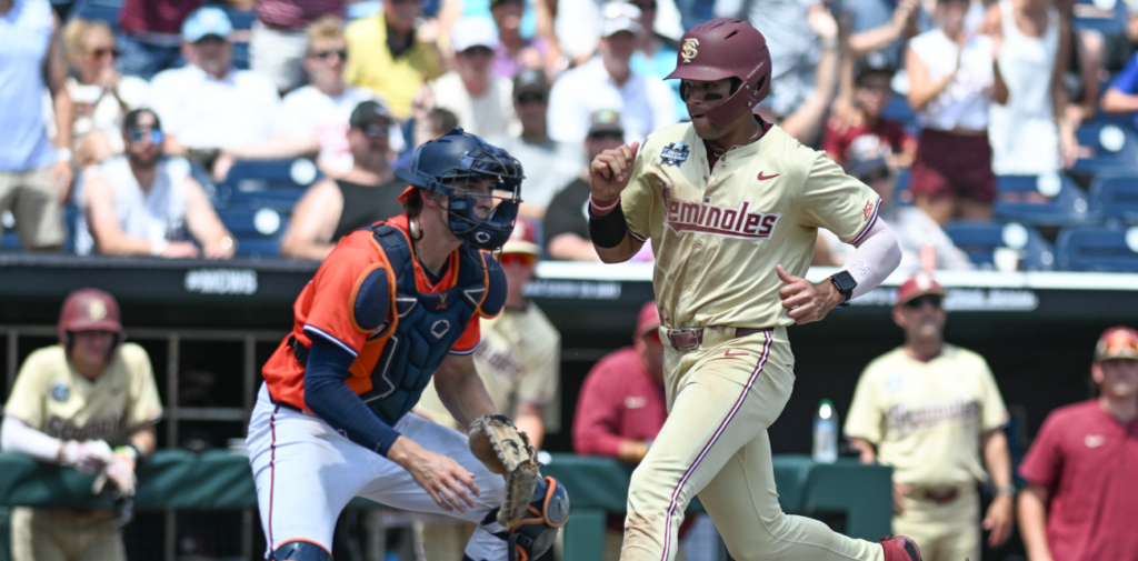 Florida State Seminoles third baseman Cam Smith (24) scores against the Virginia Cavaliers during the fifth inning at Charles Schwab Field Omaha. (Steven Branscombe-USA TODAY Sports)