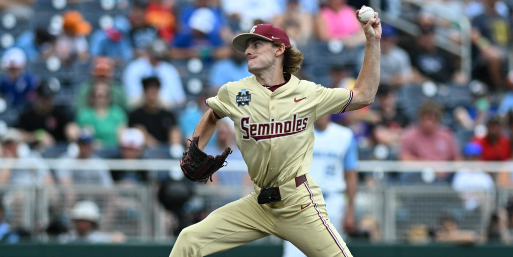 Florida State Seminoles starting pitcher Andrew Armstrong (37) throws against the North Carolina Tar Heels during the first inning at Charles Schwab Field Omaha. (Steven Branscombe-USA TODAY Sports)