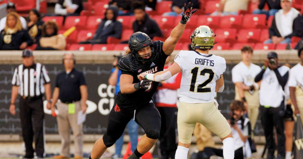 Senior defensive lineman Ashton Gillotte had 2.5 tackles for loss and a forced fumble in Louisville’s 33-20 upset over Notre Dame last year. (Photo courtesy Louisville athletics)