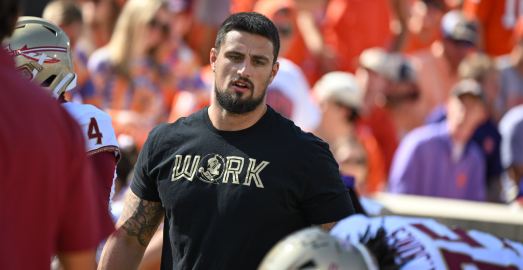 Florida State strength and conditioning coach Tom Farniok offers words of encouragement before the Seminoles' game at Clemson last season. (FSU Athletics Public Relations/Mike Erdelyi)