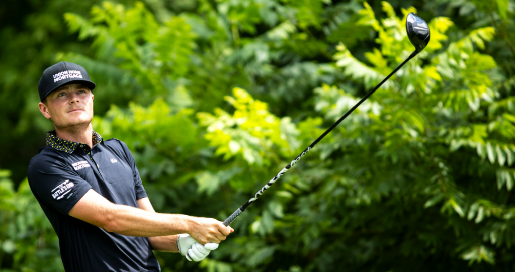 Luke Clanton reacts after hitting his tee shot on the second hole during the final round of the John Deere Classic golf tournament last weekend. (Joseph Cress-USA TODAY Sports)