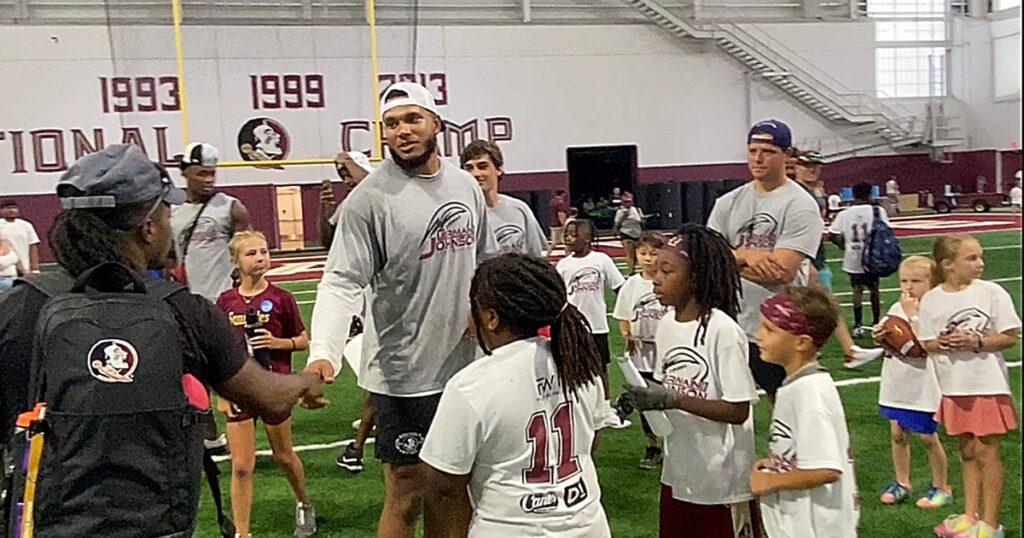 Former Florida State and current New York Jets star Jermaine Johnson hosted a youth football camp at FSU on Tuesday. (Aslan Hajivandi/Warchant)