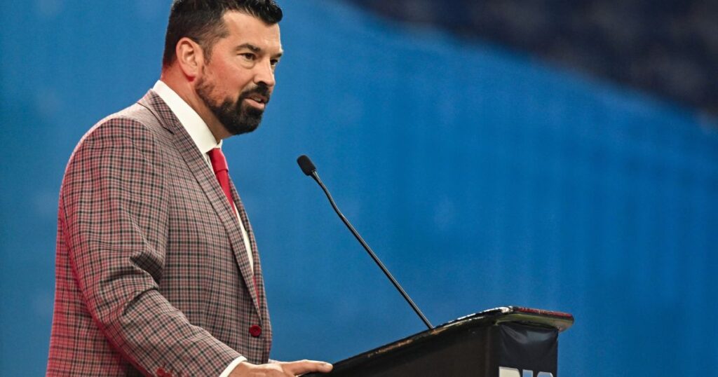 Ohio State head coach Ryan Day speaks at 2024 Big Ten Media Days in Lucas Oil Stadium. (Robert Goddin-USA TODAY Sports)