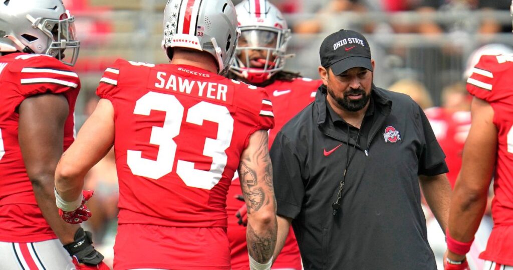 Ohio State defensive end Jack Sawyer and head coach Ryan Day during the 2023 season. (Brooke LaValley / USA TODAY NETWORK)