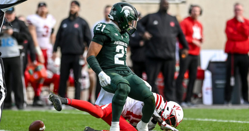Michigan State's Dillon Tatum breaks up a pass intended Nebraska's Malachi Coleman during the fourth quarter on Saturday, Nov. 4, 2023, at Spartan Stadium in East Lansing - Nick King, USA TODAY Sports