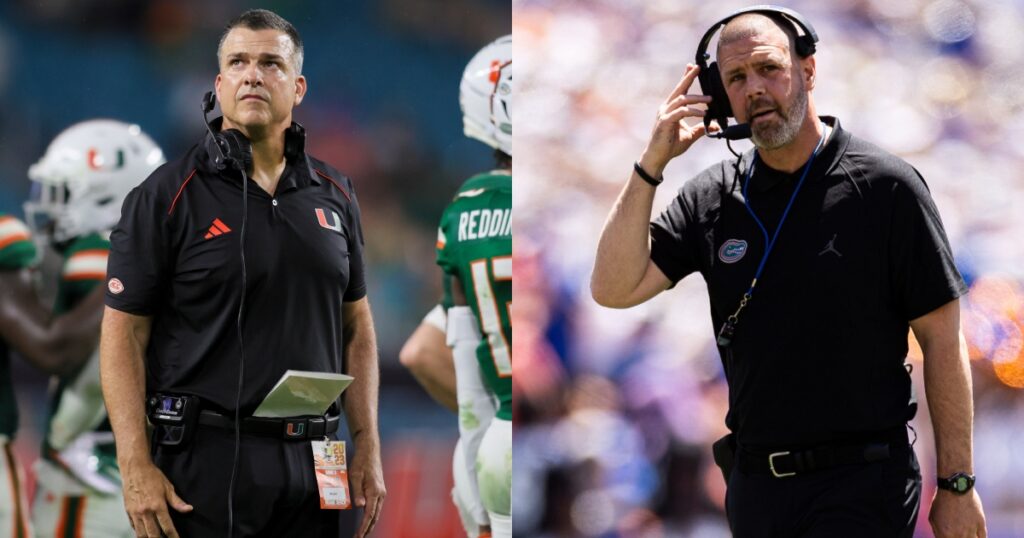 Miami head coach Mario Cristobal and Florida Gators head coach Billy Napier (Sam Navarro/Matt Pendleton(Gainesville Sun)-USA TODAY NETWORK)