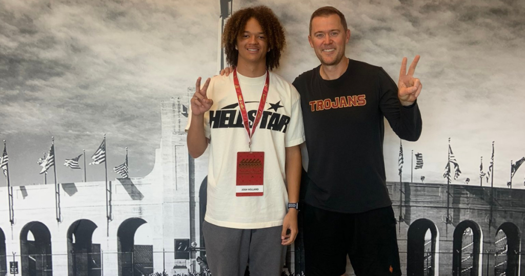 Class of 2026 defensive back Joshua Holland poses with USC Trojans head coach Lincoln Riley during a recruiting visit to USC.