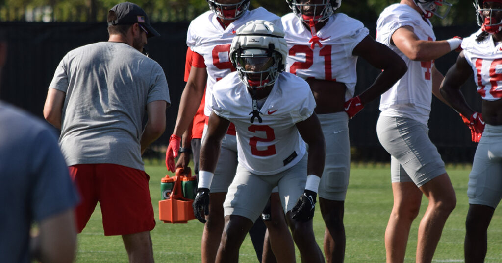 Ohio State safety Caleb Downs lines up during the first practice of 2024 training camp on Aug. 1. (Matt Parker/Lettermen Row)