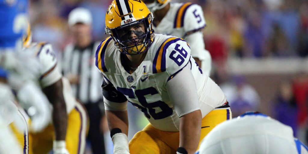 Sep 30, 2023; Oxford, Mississippi, USA; LSU Tigers offensive linemen Will Campbell (66) lines up before the snap during the second half against the Mississippi Rebels at Vaught-Hemingway Stadium. Mandatory Credit: Petre Thomas-USA TODAY Sports