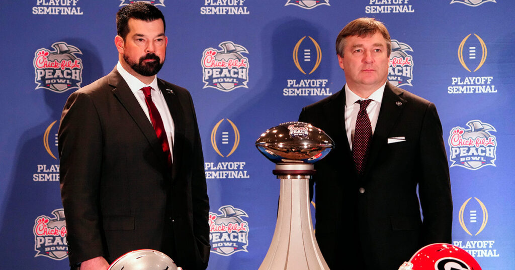 Ohio State HC Ryan Day and Georgia HC Kirby Smart at the 2022 Peach Bowl