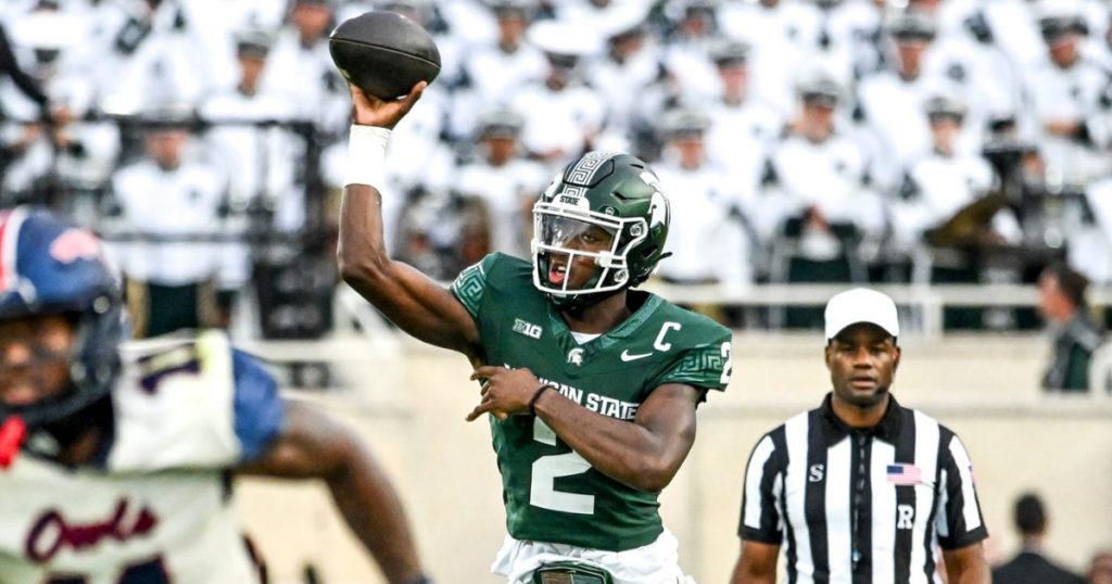 Michigan State's Aidan Chiles throws a pass against Florida Atlantic during the first quarter on Friday, Aug. 30, 2024, at Spartan Stadium in East Lansing. - Nick King, USA TODAY Sports