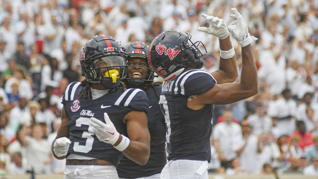 Ole Miss wide receivers Juice Wells (3) and Tre Harris (9). Mandatory credit: ©Bruce Newman