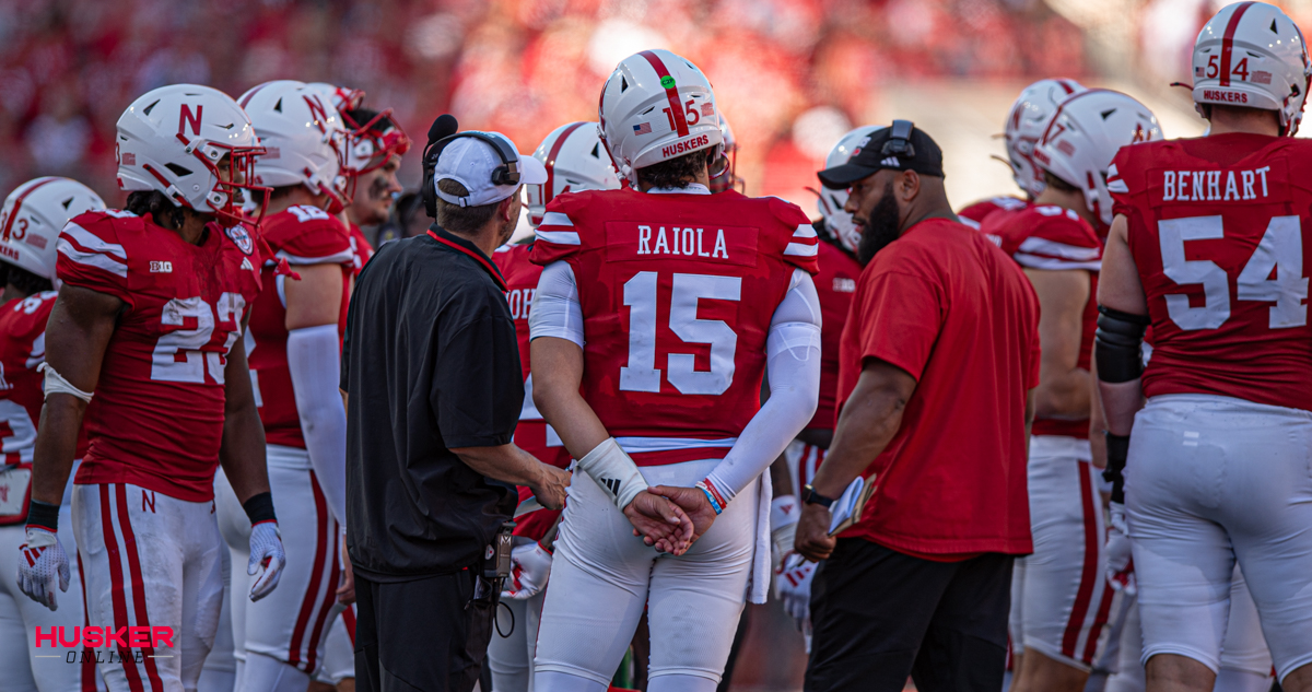 Dylan Raiola reacts to Matt Rhule's statement that he is pushing Nebraska's offense to reach his level