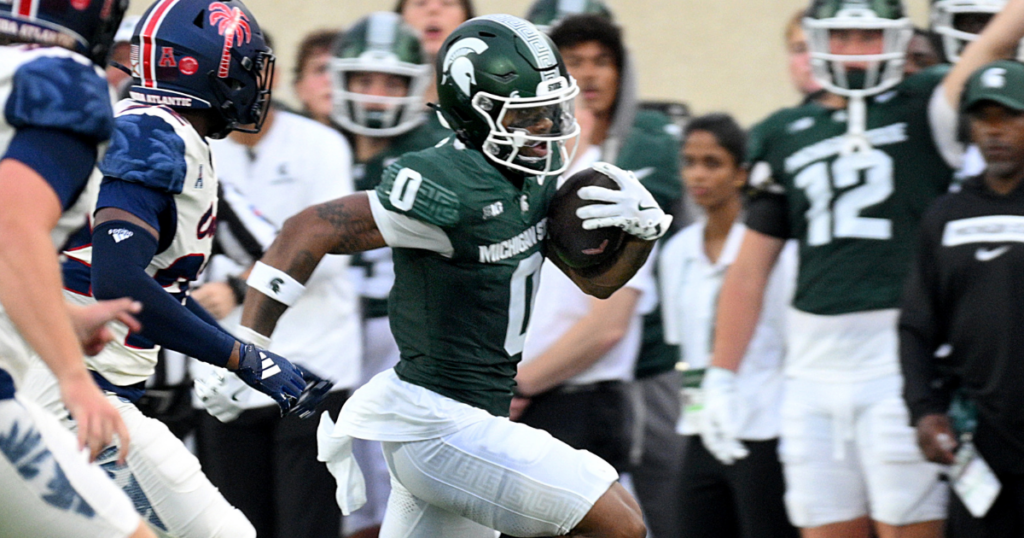 Michigan State Spartans wide receiver Alante Brown (0) runs with a punt near center field against the Florida Atlantic Owls at Spartan Stadium. - Dale Young, USA TODAY Sports