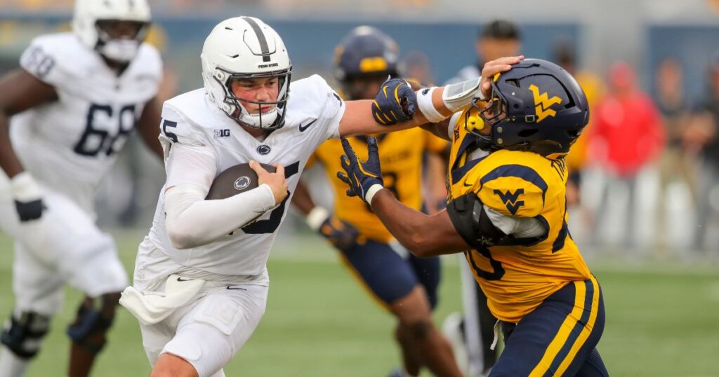 Penn State quarterback Drew Allar runs the ball in a season-opening, 34-12 win at West Virginia. (Ben Queen-USA TODAY Sports)