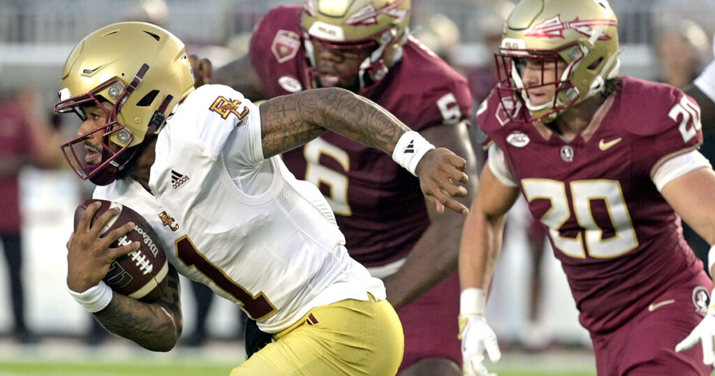 Boston College Eagles quarterback Thomas Castellanos (1) runs the ball during the first quarter against the Florida State Seminoles at Doak S. Campbell Stadium. (Melina Myers-USA TODAY Sports)