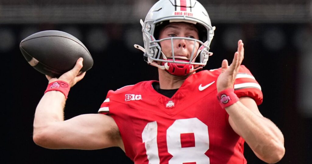 Ohio State quarterback Will Howard attempts a pass during a Week 1 win over Akron. (Adam Cairns/Columbus Dispatch / USA TODAY NETWORK)