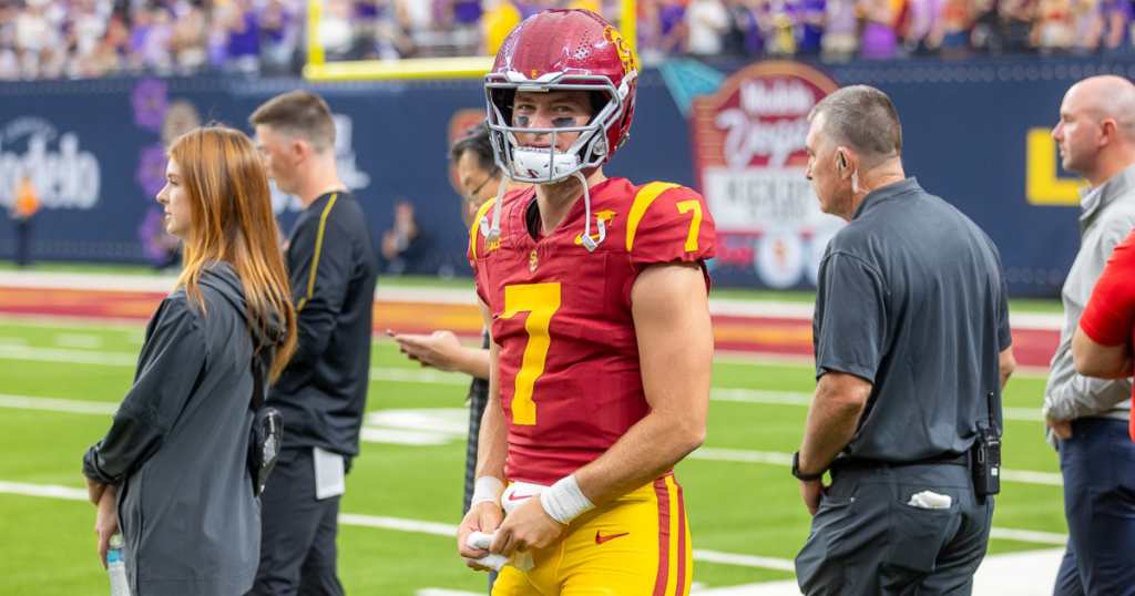 USC quarterback Miller Moss on the sidelines before a game against the LSU Tigers at Allegiant Stadium