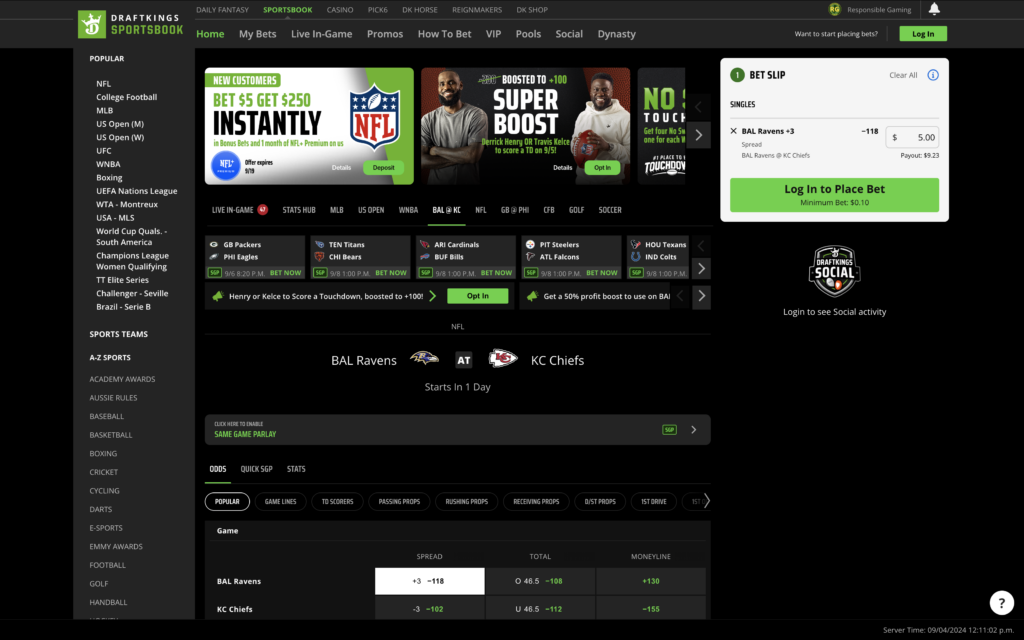 DraftKings Sportsbook desktop website