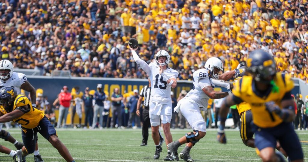 Penn State quarterback Drew Allar throws a pass downfield to wideout Trey Wallace in a 34-12 win at West Virginia in Week 1. (Ben Queen-Imagn Images)