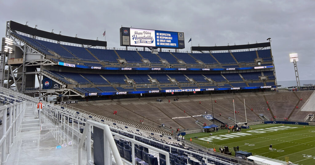 A look at the new video board and ribbon boards in the south end zone at Beaver Stadium. The main video board is new and offers a higher-resolution picture than its predecessor. The super ribbon boards to the right and left of it will be ready for the Ohio State game. (Pickel/BWI)