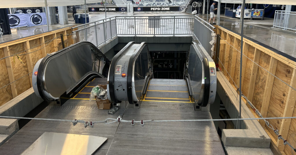 Escalators are being installed at the southeast corner of Beaver Stadium. Penn State expects them to be operational by the Illinois game. (Pickel/BWI)