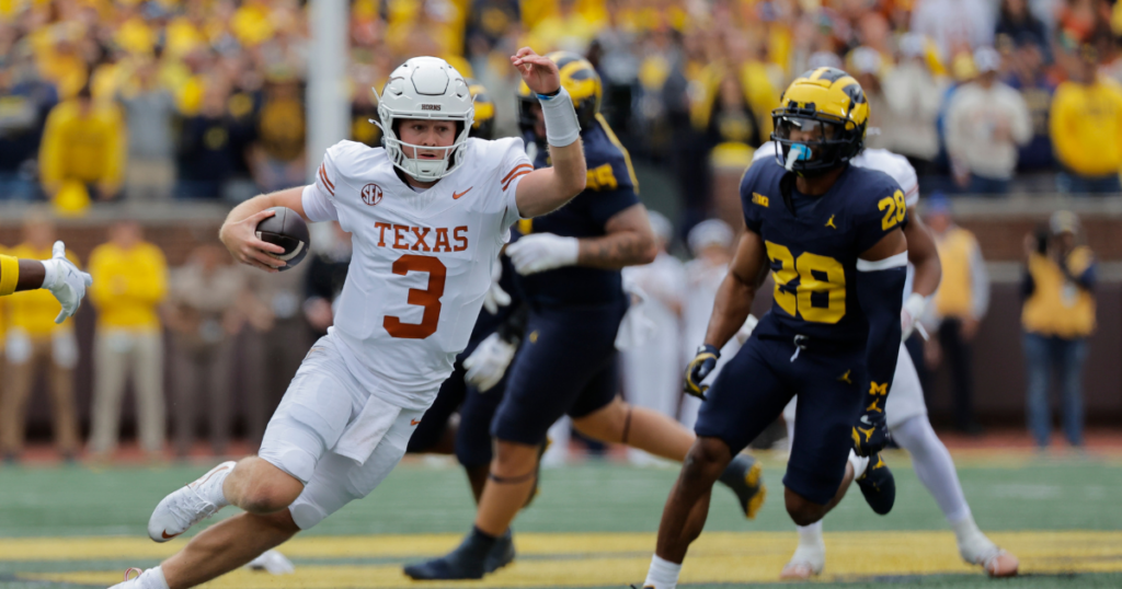 Michigan Wolverines football failed to get off the field on third down against Texas quarterback Quinn Ewers. (Photo by Rick Osentoski-Imagn Images)