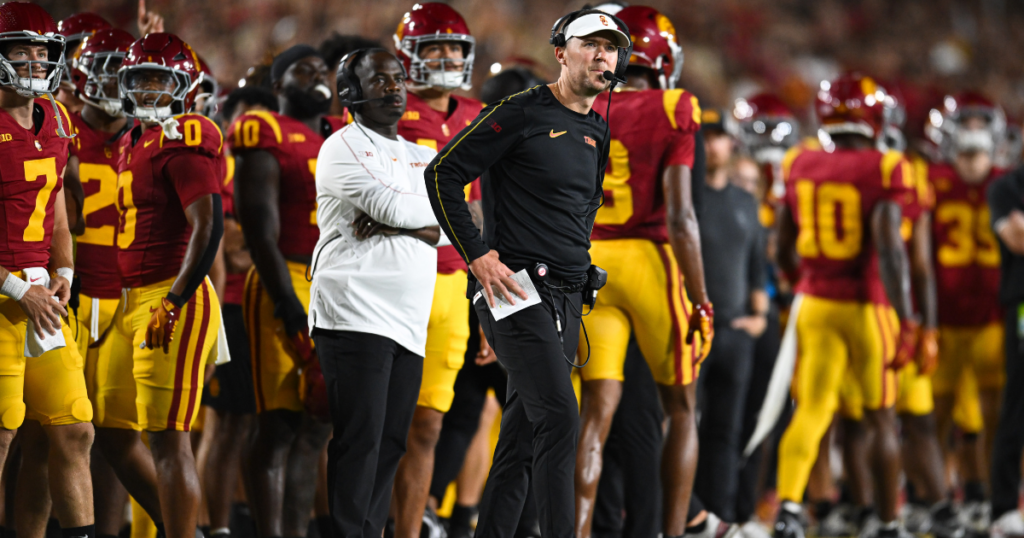 USC Trojans head coach Lincoln Riley reacts against the Utah State Aggies during the first quarter at United Airlines Field at Los Angeles Memorial Coliseum